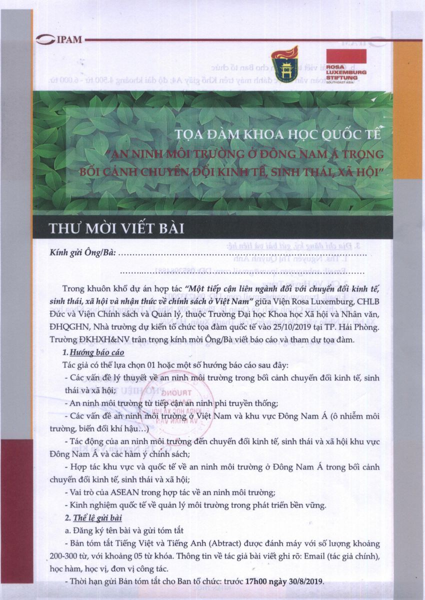 Tọa đàm khoa học quốc tế: "An ninh môi trường ở Đông Nam Á trong bối cảnh chuyển đổi kinh tế, sinh thái, xã hội"